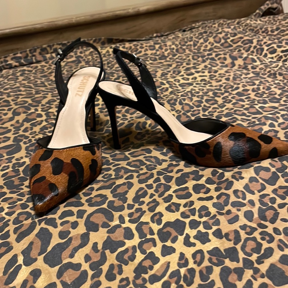 Schultz sling back pumps - black suede and calf hair.
